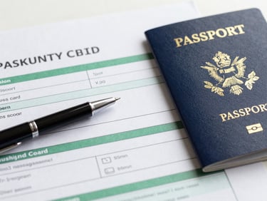 Close-up of a Green Card application form with a pen pointing to a section, alongside a US passport, bright neutral office daylight, sharp focus, professional corporate tones, 35mm