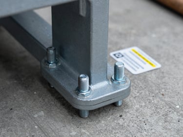 Extreme close-up of a structural module connection point — heavy-gauge bolt, load plate and certification tag in sharp focus, gray concrete floor below, shallow depth of field, overcast industrial light
