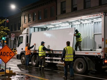 Night deployment scene: workers in high-visibility vests unloading structural panels from a truck onto a wet Montreal street under tungsten site floodlights, active construction zone signage visible