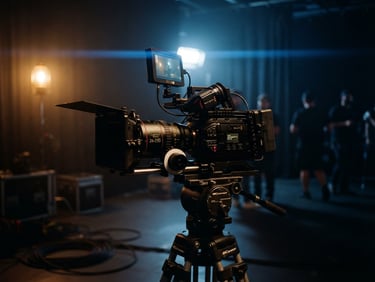 Cinematic film photography of a high-end camera rig on a dramatic low-key lit set, moody amber and blue tones, anamorphic lens flare