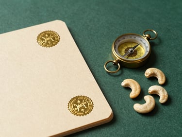 A high-angle photograph of a certified export folder with official gold embossed seals, a brass compass, and raw cashew nuts arranged neatly on a deep forest green surface.