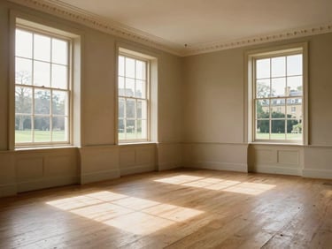 A wide environmental shot of a beautifully swept, empty Georgian room in Bath, soft natural West Country daylight streaming through tall sash windows onto clean wooden floorboards.