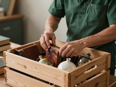 Medium shot of careful hands in clean, dark green uniform packing vintage leather-bound books and classic ornaments into a sturdy wooden crate, soft natural side lighting.