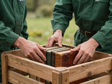 Close-up of professional hands in clean forest green uniforms carefully placing vintage leather-bound books and classic literature into a sturdy wooden crate, soft natural West Country daylight.