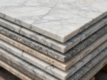 Overhead side-angle view of stacked polished marble slabs in natural daylight — white Carrara, grey Bardiglio, beige Botticino — showing raw cut edges and vein continuity across the stack