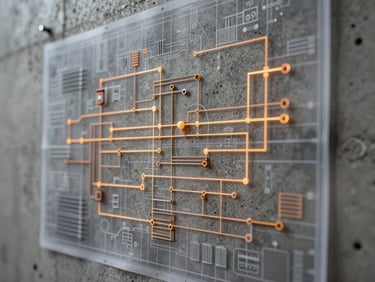 Close-up of a technical electrical schematic blueprint overlaying a modern concrete wall, sharp lines, amber highlights, professional engineering drafting.