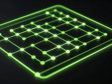 A structured technical schematic of programmatic bid streams and node graphs, glowing electric lime green lines on a deep black background, sharp vector precision.