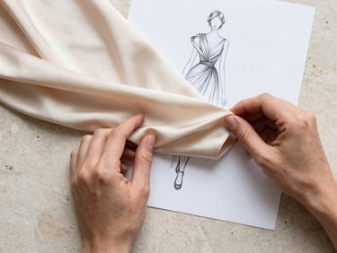 Macro overhead flat-lay of hands matching a champagne silk swatch to a designer sketch on a clean stone surface under soft natural light.
