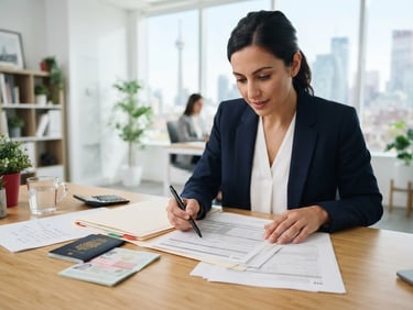 Medium close-up of a professional consultant reviewing physical immigration documents in a bright, modern Toronto office, clean flat-lay aesthetic, sharp focus, 35mm