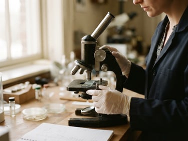 Close-up of a researcher's hands adjusting a microscope under soft window light, warm academic tones, documentary style, 35mm lens