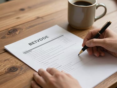 Close-up of hands reviewing a printed candidate dossier on a rustic oak table, soft side lighting, a warm ceramic coffee mug in the background.
