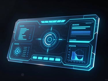 Futuristic 3D render of a sleek holographic dashboard UI mockup floating in dark space, electric blue glowing accents, ultra-detailed glassmorphism, cinematic, octane render