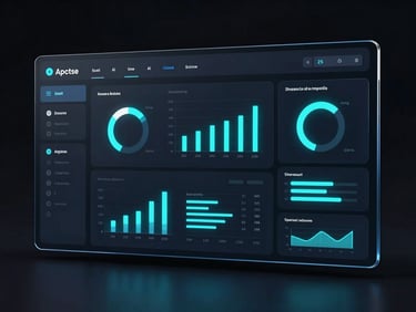 Sleek dark-themed software dashboard UI mockup showing real-time AI analytics, ultra-detailed glassmorphism, glowing neon cyan and electric blue accents, cinematic framing