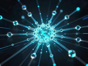 Futuristic 3D render of complex interconnected nodes and glowing data streams, dark obsidian background, neon cyan light, ultra-detailed glassmorphism, cinematic, octane render