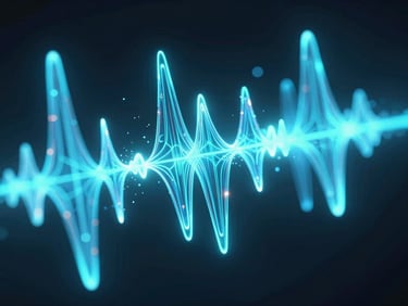 Futuristic 3D render of glowing soundwaves and neural pathways, dark obsidian background, neon cyan and electric blue light, ultra-detailed glassmorphism, cinematic, octane render