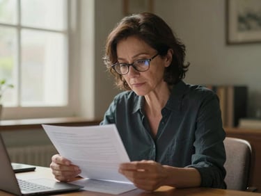 Adult woman in her early 50s seated at a home desk, reviewing printed paperwork under warm window light, reading glasses on, calm focused expression, no phone or laptop visible, documentary mid-shot