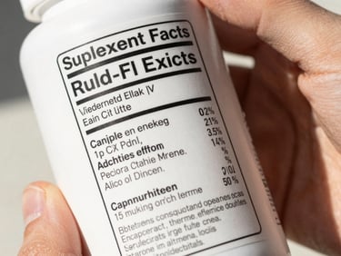Close-up of a supplement facts panel on a bottle under bright indirect daylight, adult hands steadying the bottle, clear legible label text, white background, precise product-detail framing