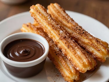 Crispy golden churros dusted with cinnamon sugar next to a dark chocolate dipping sauce, warm natural light, shallow depth of field, 35mm.