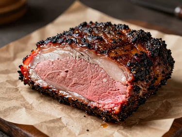 Glistening slice of slow-smoked beef brisket showing a perfect pink smoke ring on butcher paper, dramatic side lighting, 35mm.