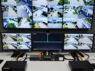 Overhead wide shot of a professional CCTV security monitoring station, multiple screens displaying active camera feeds from organised facility zones, rack-mounted DVR units neatly cabled below the monitors, clean even studio lighting revealing every connector and label, shot from directly above to show system layout and cable organisation
