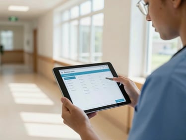 Care professional holding a tablet in a bright care home corridor, updating resident information on a clean SaaS dashboard interface, soft window light, candid documentary framing