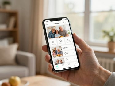 Held-in-hand medium shot of a smartphone showing an elder-care family app feed with daily photos, mood icon and meal status on screen, photographed in warm afternoon window light with a soft blurred interior background