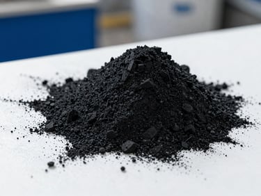 Fine black powdered activated carbon mound on a bright white surface, sharp detail, high-contrast industrial photography