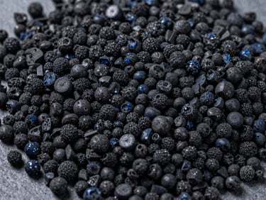 Macro shot of black granular activated carbon particles on a neutral slate background, sharp focus, cool industrial lighting