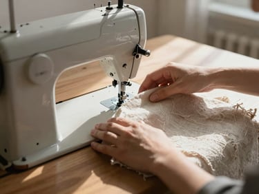 Diffused afternoon light illuminating hands guiding heavy raw linen fabric through a vintage sewing machine, soft shadows on wooden table.