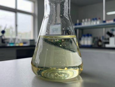 Macro shot of plant-based lipids in a clear laboratory flask, crisp daylight through industrial windows, sharp technical focus