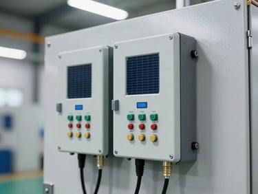 A multi-kilowatt hybrid wind-solar controller mounted on a clean industrial panel, bright factory lighting, technical detail shot