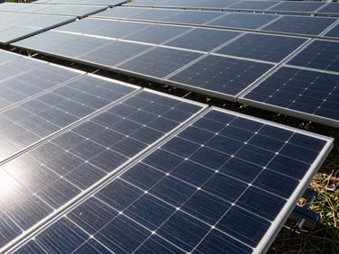 Industrial-grade monocrystalline solar panels arranged in a dense grid under bright, high-contrast daylight, wide-angle environmental framing