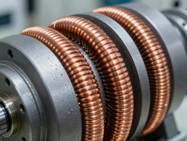 Close-up of copper windings inside a heavy-duty permanent magnet generator, industrial clean-room lighting, technical macro shot