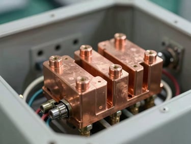 Macro photograph of heavy-duty copper terminal blocks inside an industrial wind controller enclosure, bright factory lighting, clean wiring layout