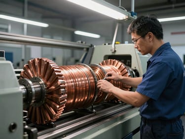 A technician testing copper rotor windings on an industrial lathe under clean, bright factory lighting, wide-angle environmental shot