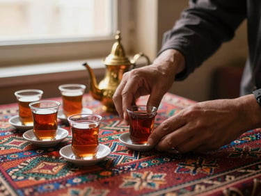 Hands arranging traditional Afghan tea cups and a brass teapot on a colorful textile, soft window light, rich textures.