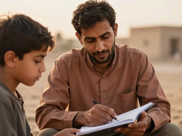 A close-up of an Afghan-American mentor guiding a young student over a notebook, warm golden-hour light, soft focus, natural expressions.