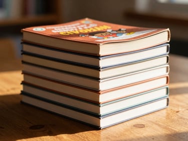 A stack of beautifully bound educational books on a wooden table, warm sunlight streaming in, shallow depth of field.