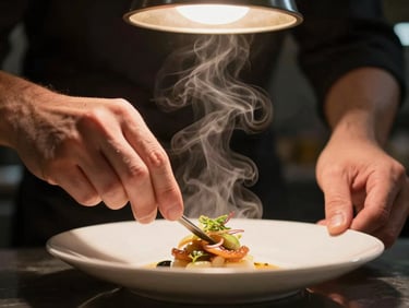 Close-up of hands plating a delicate dish under warm kitchen overhead lights, steam rising, dark background, high contrast.