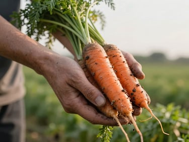 Tactile close-up of hands holding dirty heirloom carrots in a field, early morning low-angle light, natural imperfections.