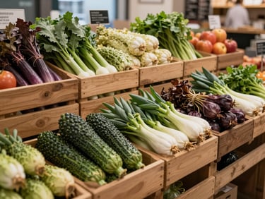 Medium environmental shot of a boutique food market, seasonal produce beautifully arranged on wooden crates, soft natural side light.