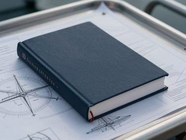 A modern hardcover textbook on naval tactics resting on a steel navigation table with technical blueprints visible