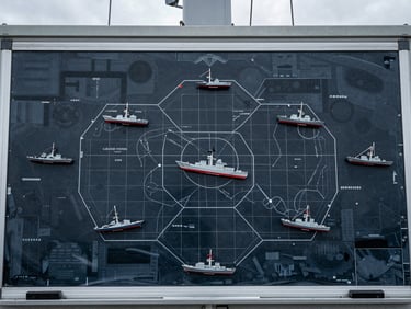 Wide-angle overhead shot under cool overcast daylight of a heavy-duty dry-erase tactical hex grid map with miniature ship tokens.