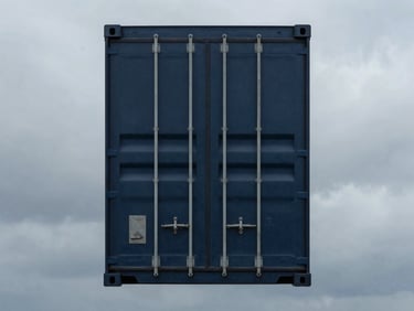 A clean minimalist book cover with a stylized shipping container graphic, cool overcast daylight