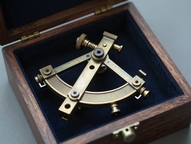 Top-down macro shot under focused desk lighting of a functional solid brass sextant resting inside a protective polished hardwood box.