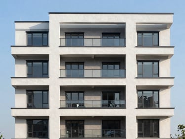 Full front elevation of a modern residential property in bright morning light, clean horizontal lines and recessed window planes casting geometric shadows, no ornamentation, proportion doing all the work