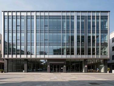 Panoramic ground-level view of a commercial building facade in bright daylight, full-height glazed curtain wall alternating with solid cladding panels, street-level scale apparent with empty forecourt, strong vertical proportion