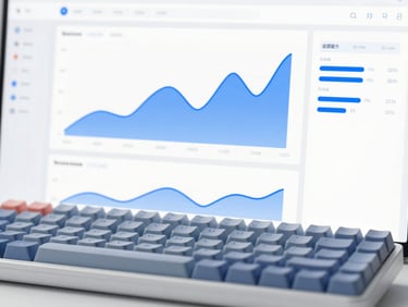 Clean modern software dashboard showing analytics graphs with electric blue lines, mechanical keyboard in soft focus