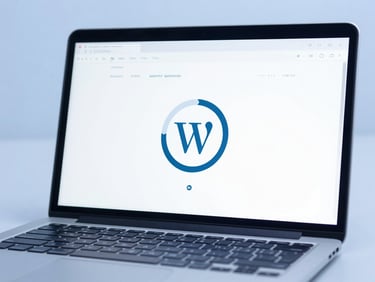 Close-up of a modern laptop screen displaying a clean WordPress dashboard with speed metrics, cool blue lighting, sharp focus