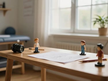 Close-up of a low wooden shelf in a therapy room, small figurines and drawing materials arranged in soft afternoon window light, warm and unhurried